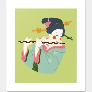 Art Deco Japanese Woman playing the flute illustration Posters and Art